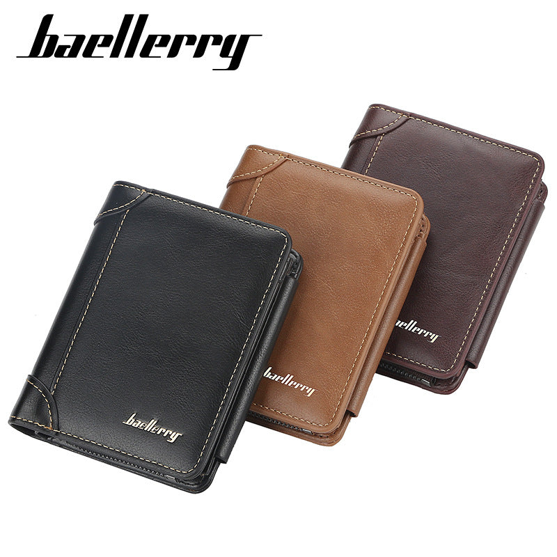 Tri Fold Zipper Men's Wallet with Coin Chamber