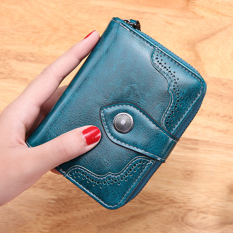 Vintage Oil Wax Leather Small Size Zipper Wallet For Women