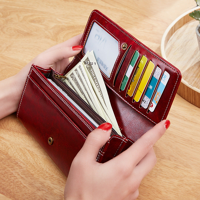Vintage Oil Wax Leather Long Size Wallet For Women