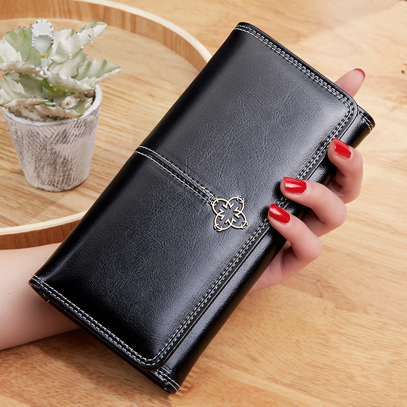 Vintage Oil Wax Leather Long Size Wallet For Women