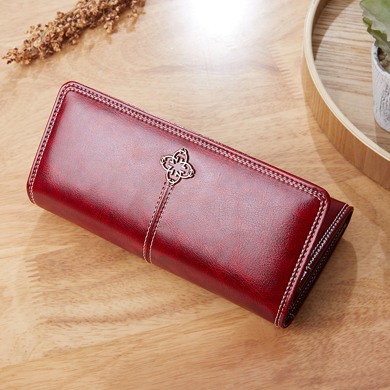 Vintage Oil Wax Leather Long Size Wallet For Women