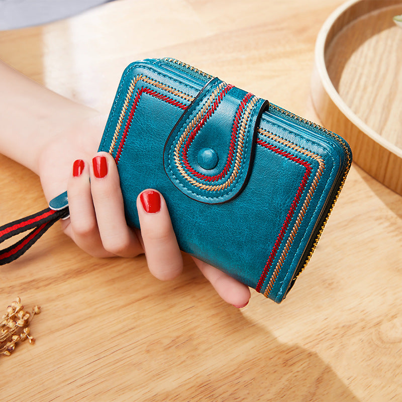 Vintage Oil Wax Leather Multi Functional Mini Zipper Women's Wallet
