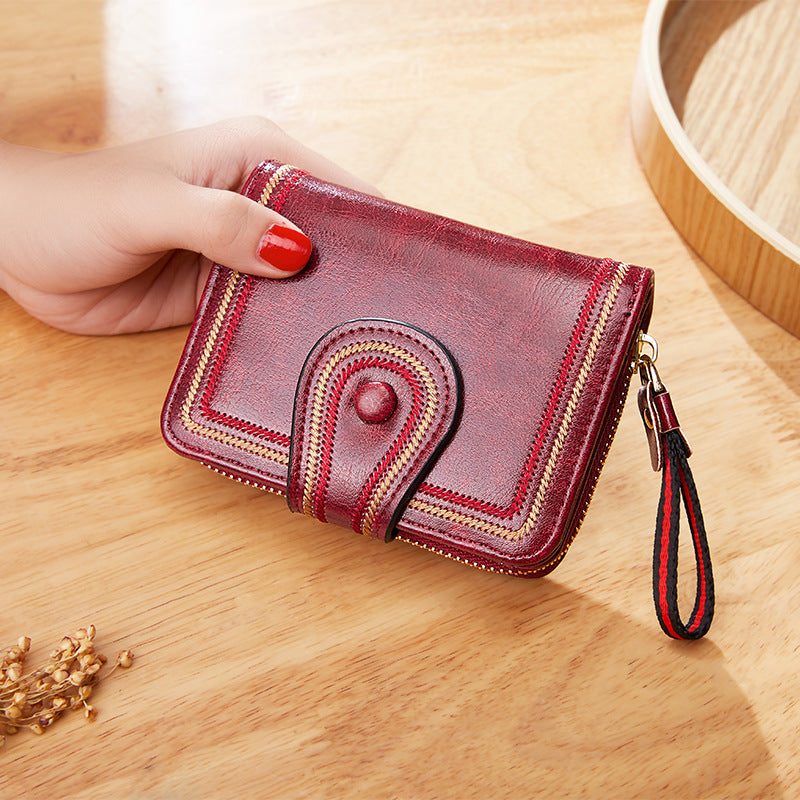 Vintage Oil Wax Leather Multi Functional Mini Zipper Women's Wallet