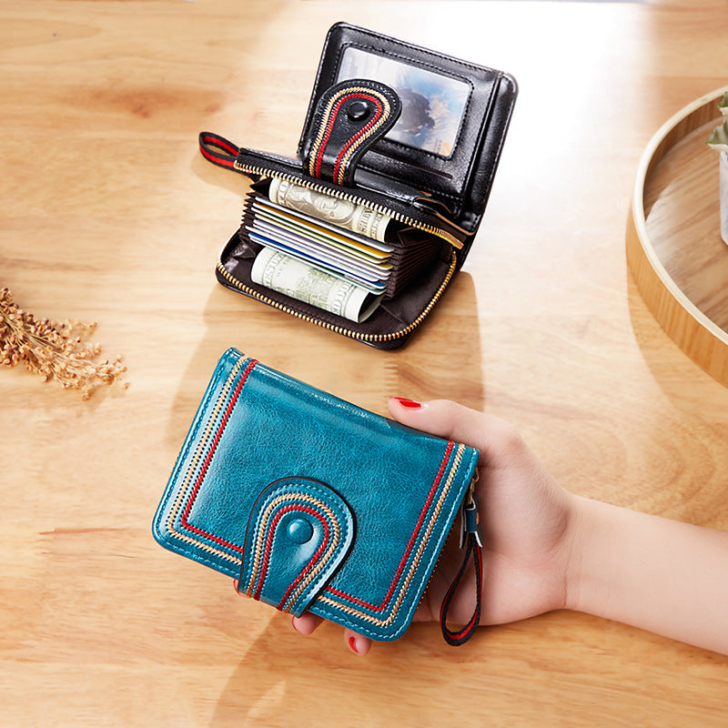 Vintage Oil Wax Leather Multi Functional Mini Zipper Women's Wallet