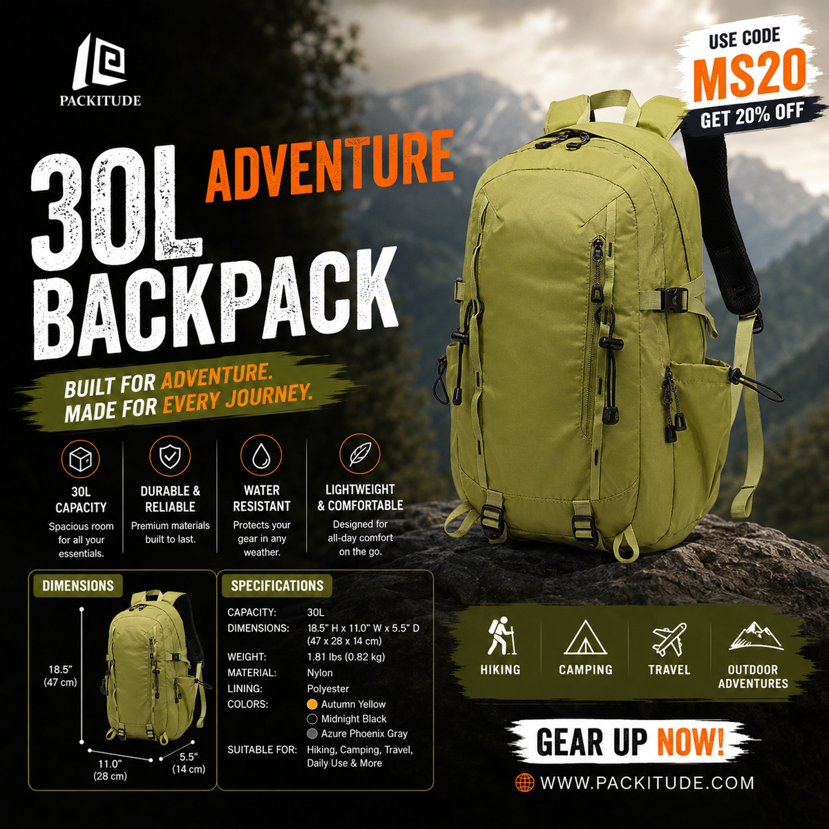 30L Lightweight Hiking Backpack | Large Capacity Outdoor Travel & Trekking Bag