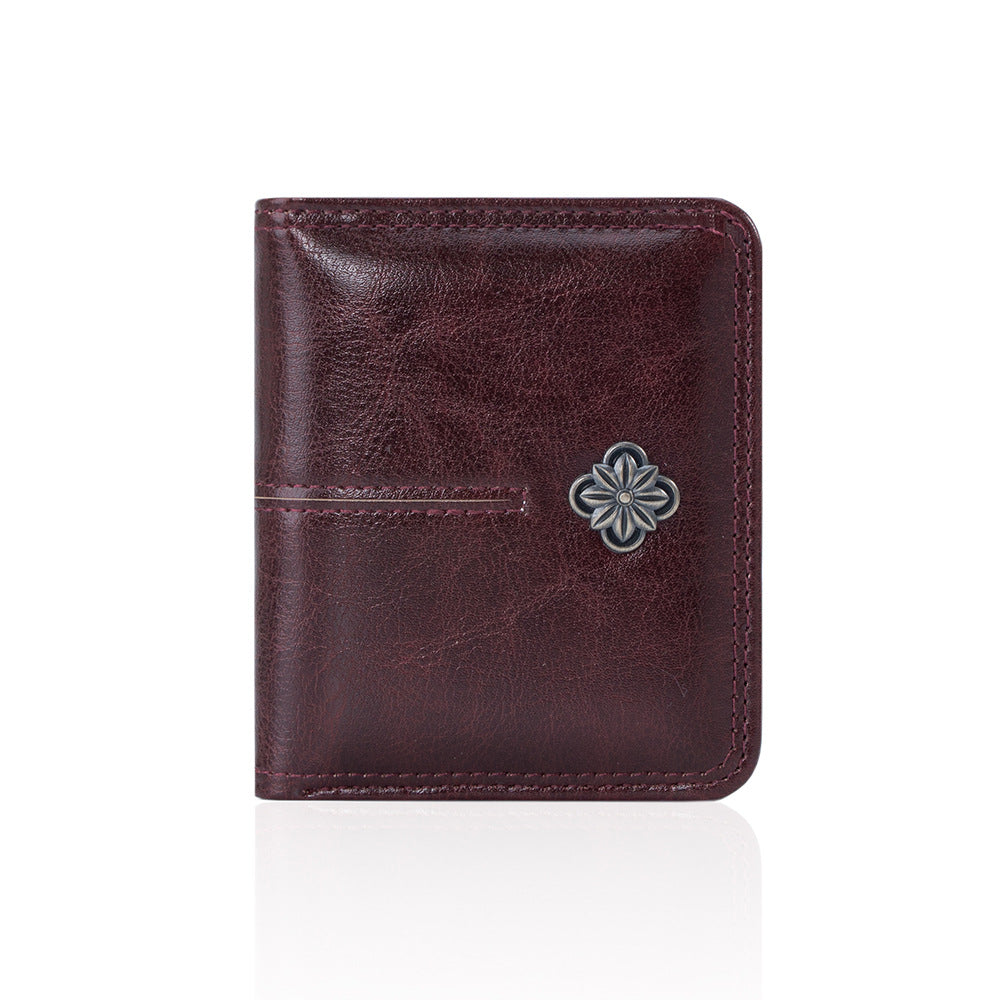 High Quality Oil Wax Leather Solid Color Multi Functional Women's Wallet