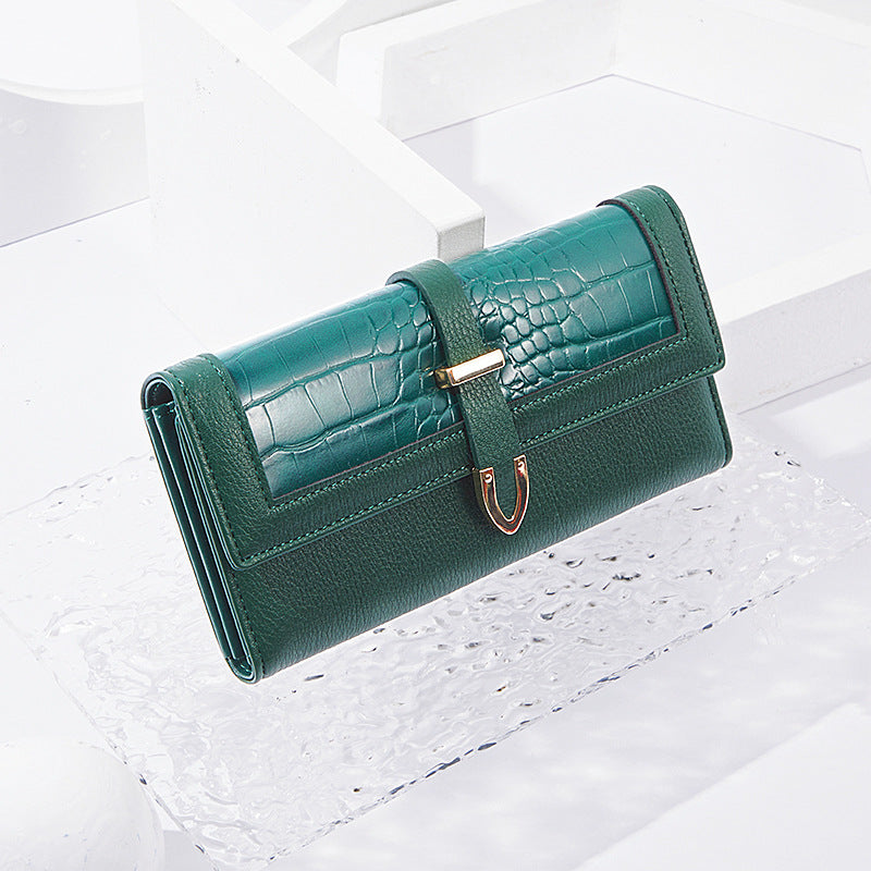 Long Size Tri-Fold Buckle Crocodile Texture Women's Wallet