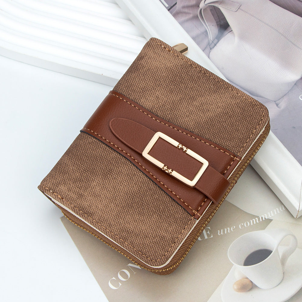 Korean Style Buckle Short Wallet | PU Leather Zipper Card Holder Purse