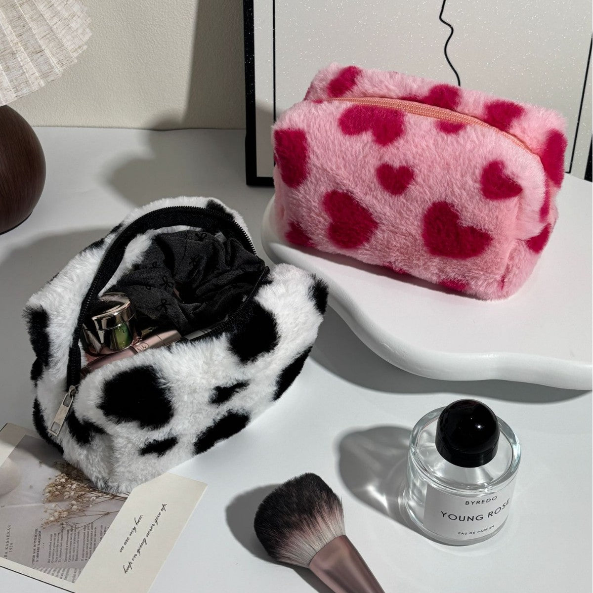 Fluffy Heart Print Makeup Bag Soft Plush Cosmetic & Travel Storage Pouch