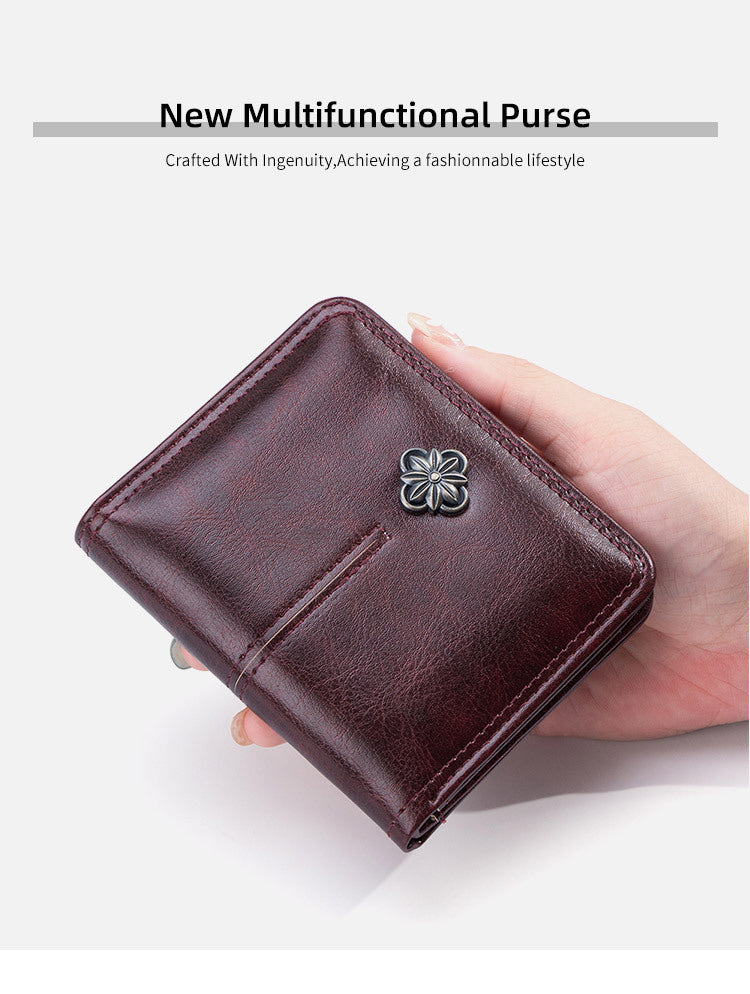 High Quality Oil Wax Leather Solid Color Multi Functional Women's Wallet
