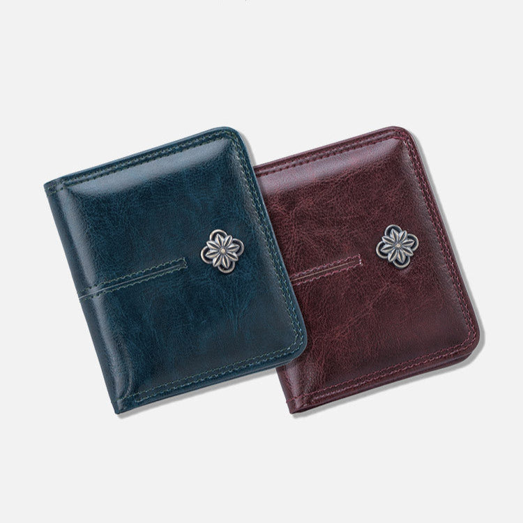 High Quality Oil Wax Leather Solid Color Multi Functional Women's Wallet