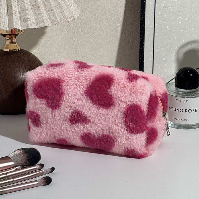 Fluffy Heart Print Makeup Bag Soft Plush Cosmetic & Travel Storage Pouch