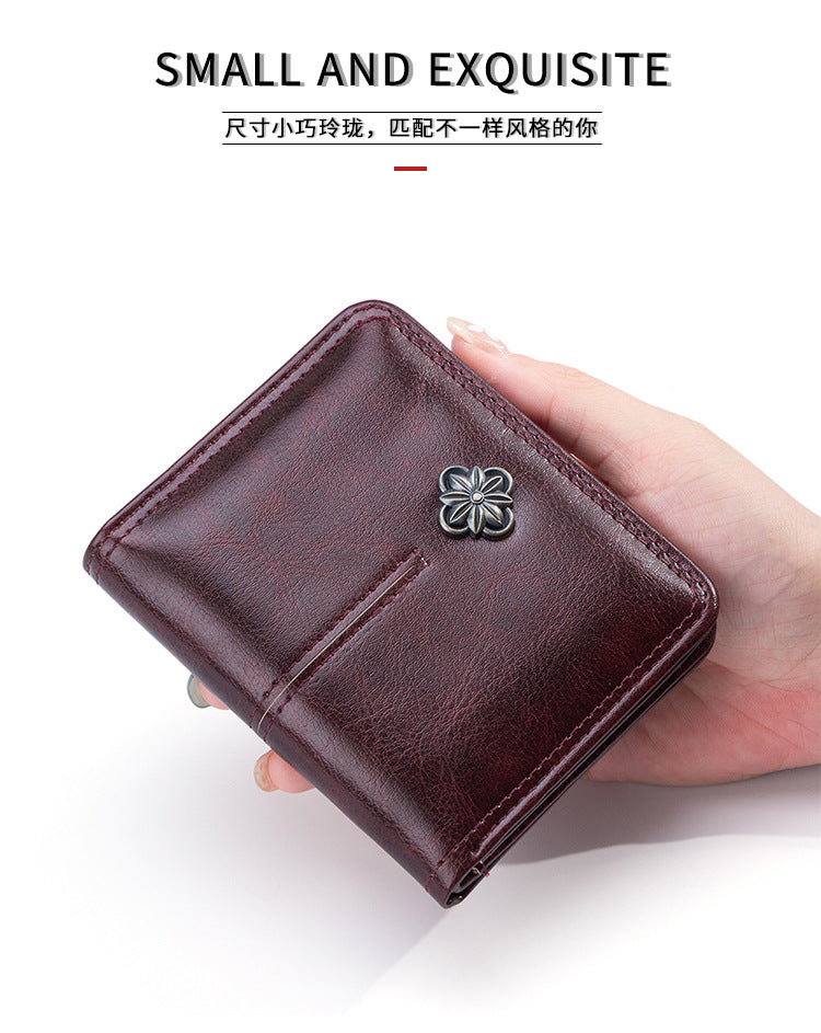High Quality Oil Wax Leather Solid Color Multi Functional Women's Wallet