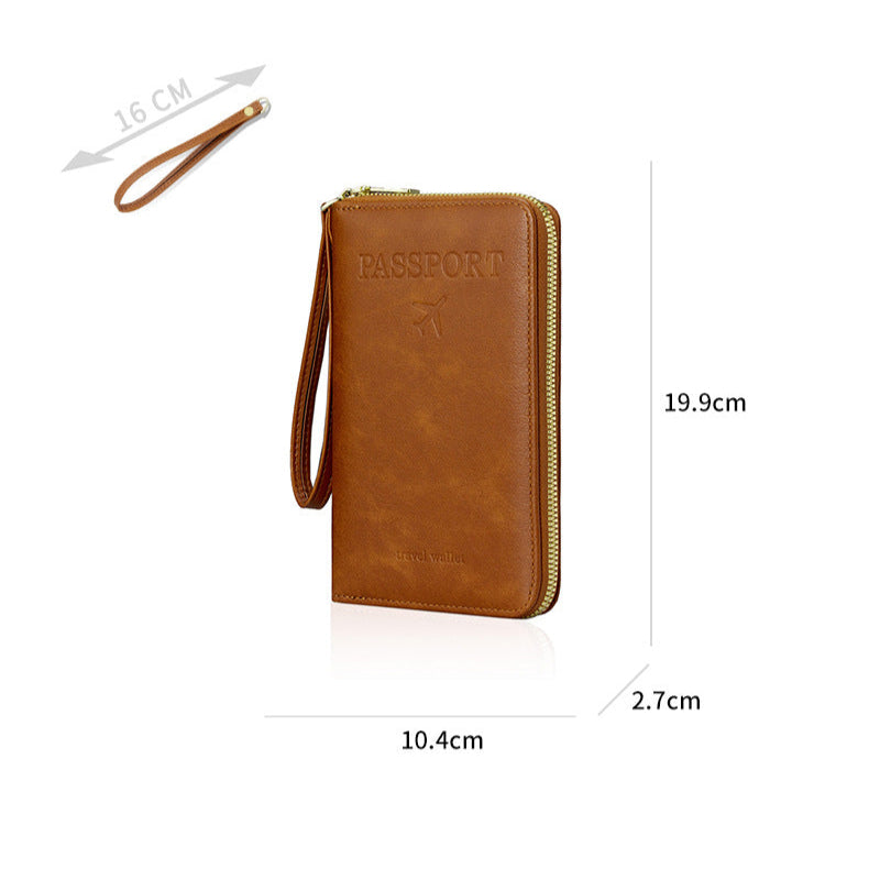 Brown wallet with measurements and product details on a white background