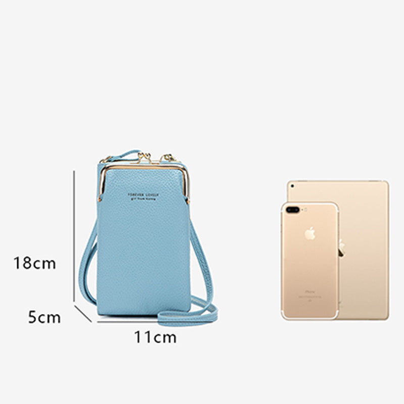 Blue crossbody bag with dimensions and an Apple device for scale on a white background