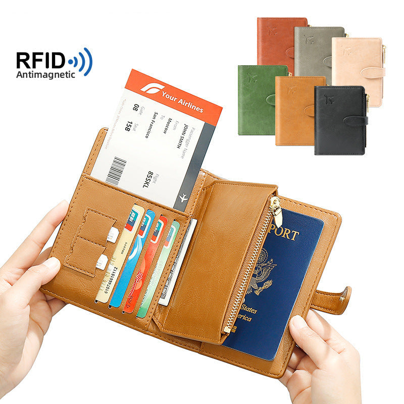 Brown leather wallet with compartments for cards and a passport, held by hands, with additional wallets in the background.