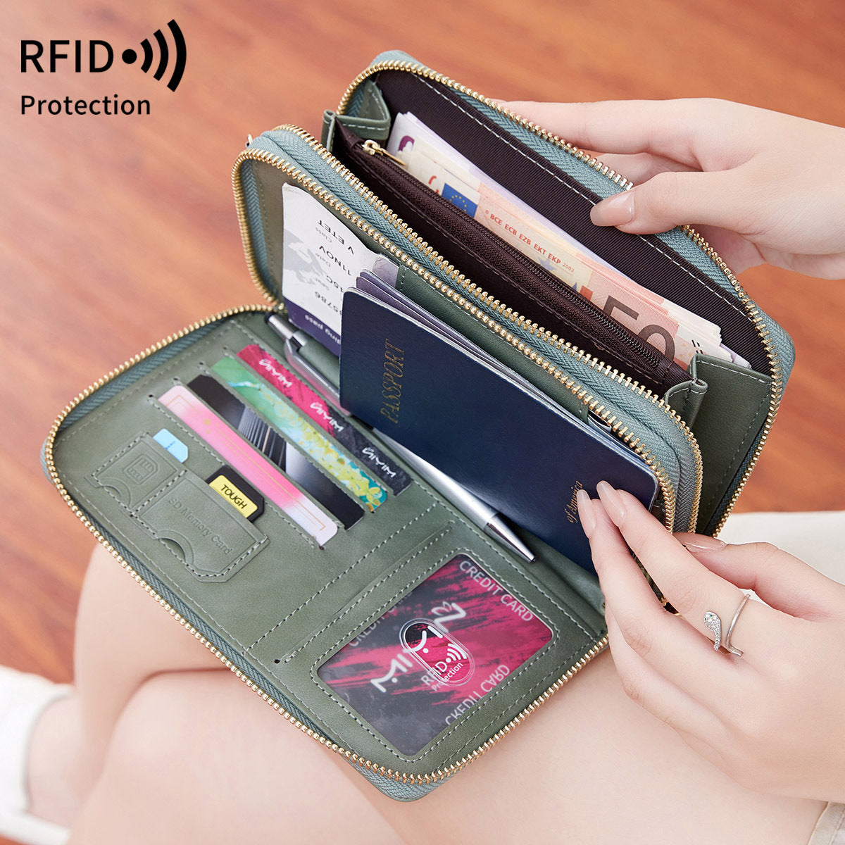 High Quality Multi Functional Double Zipper Passport Bag