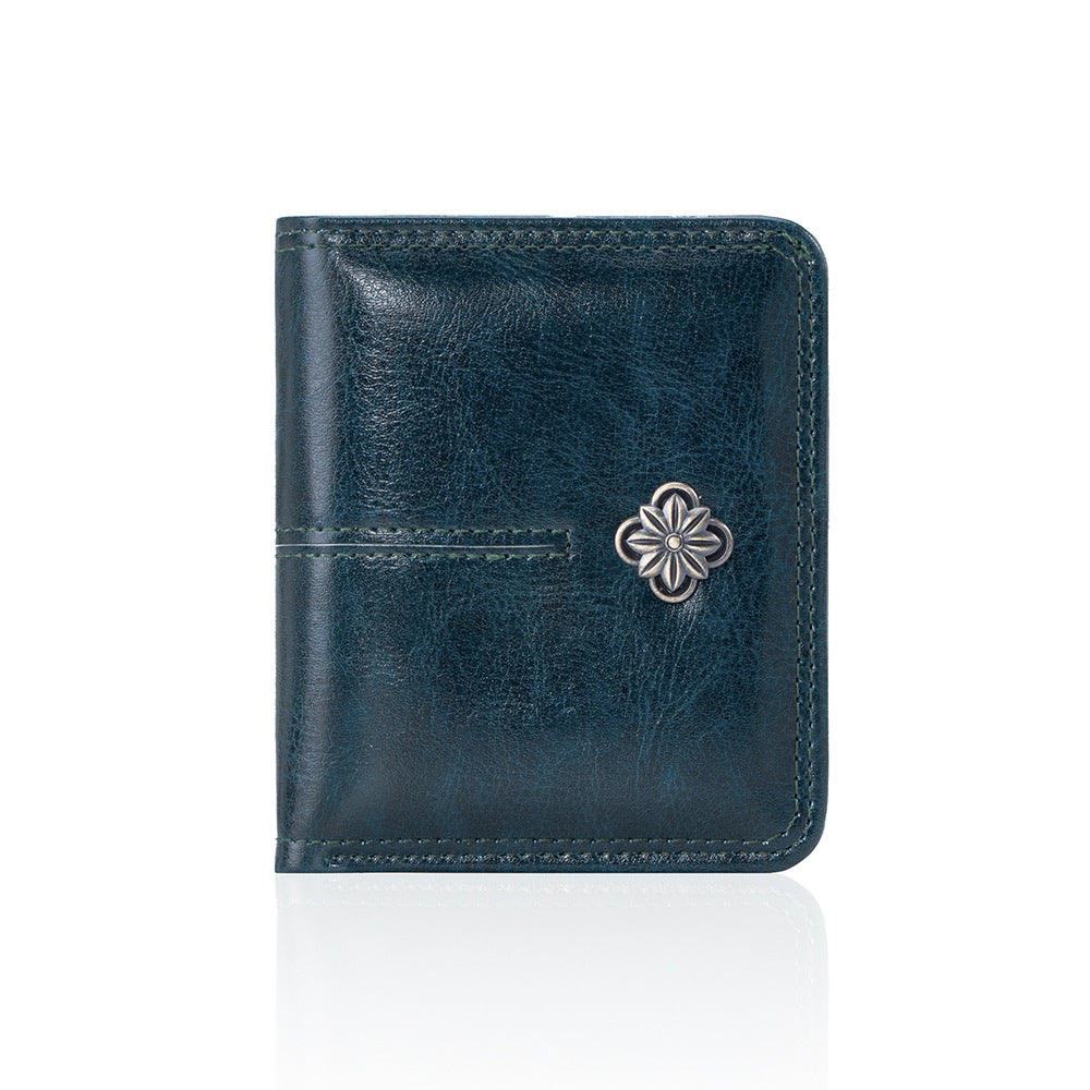 High Quality Oil Wax Leather Solid Color Multi Functional Women's Wallet