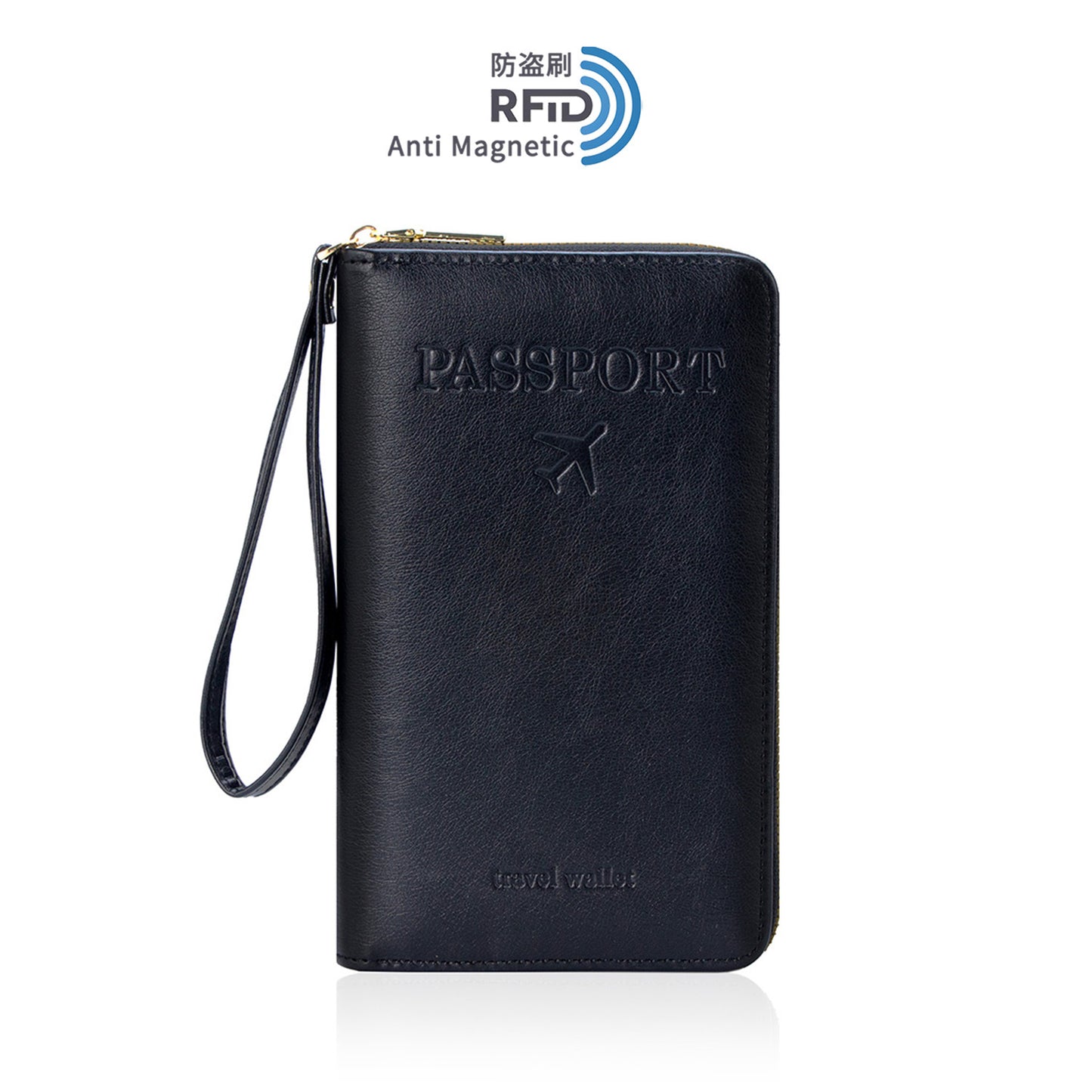 Multi Chambered RFID Protected Zipper Passport Wallet