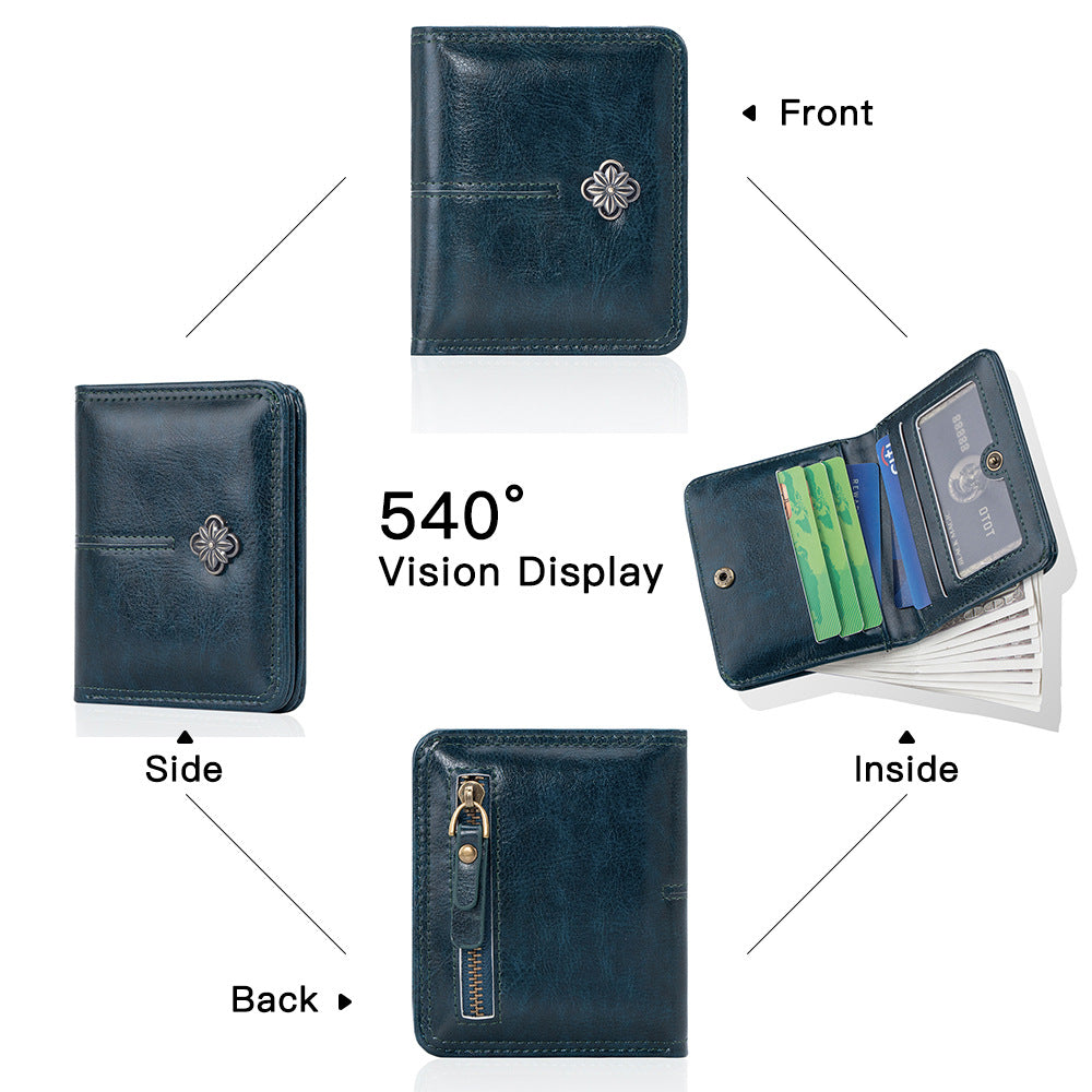 High Quality Oil Wax Leather Solid Color Multi Functional Women's Wallet
