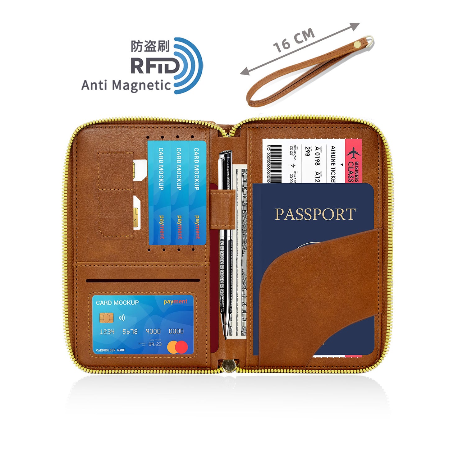 Multi Chambered RFID Protected Zipper Passport Wallet