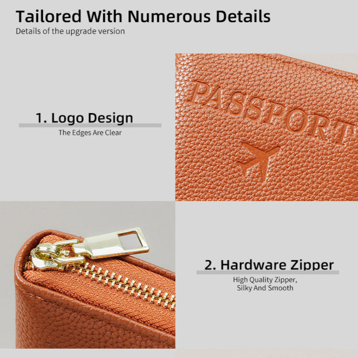 Brown leather passport holder with gold zipper on a gray background