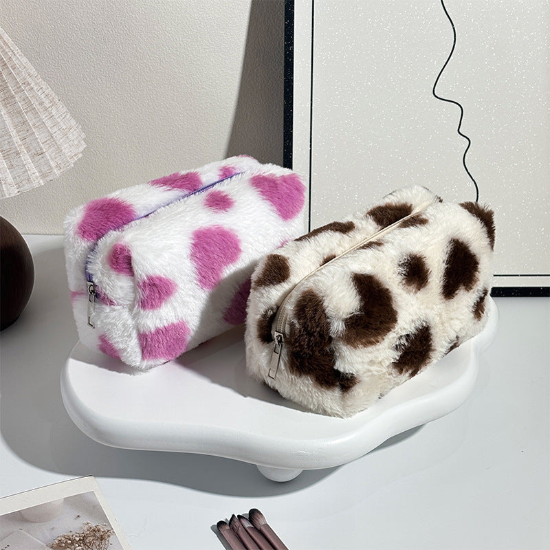 Fluffy Heart Print Makeup Bag Soft Plush Cosmetic & Travel Storage Pouch