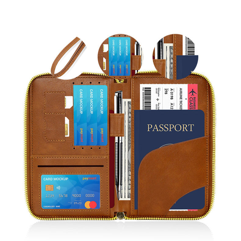 Multi Chambered RFID Protected Zipper Passport Wallet