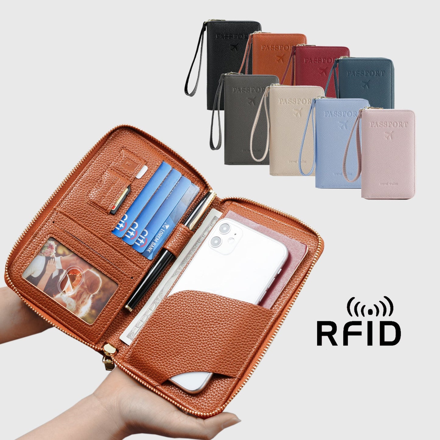 Brown passport holder with multiple compartments and a hand holding it, with other holders in the background.