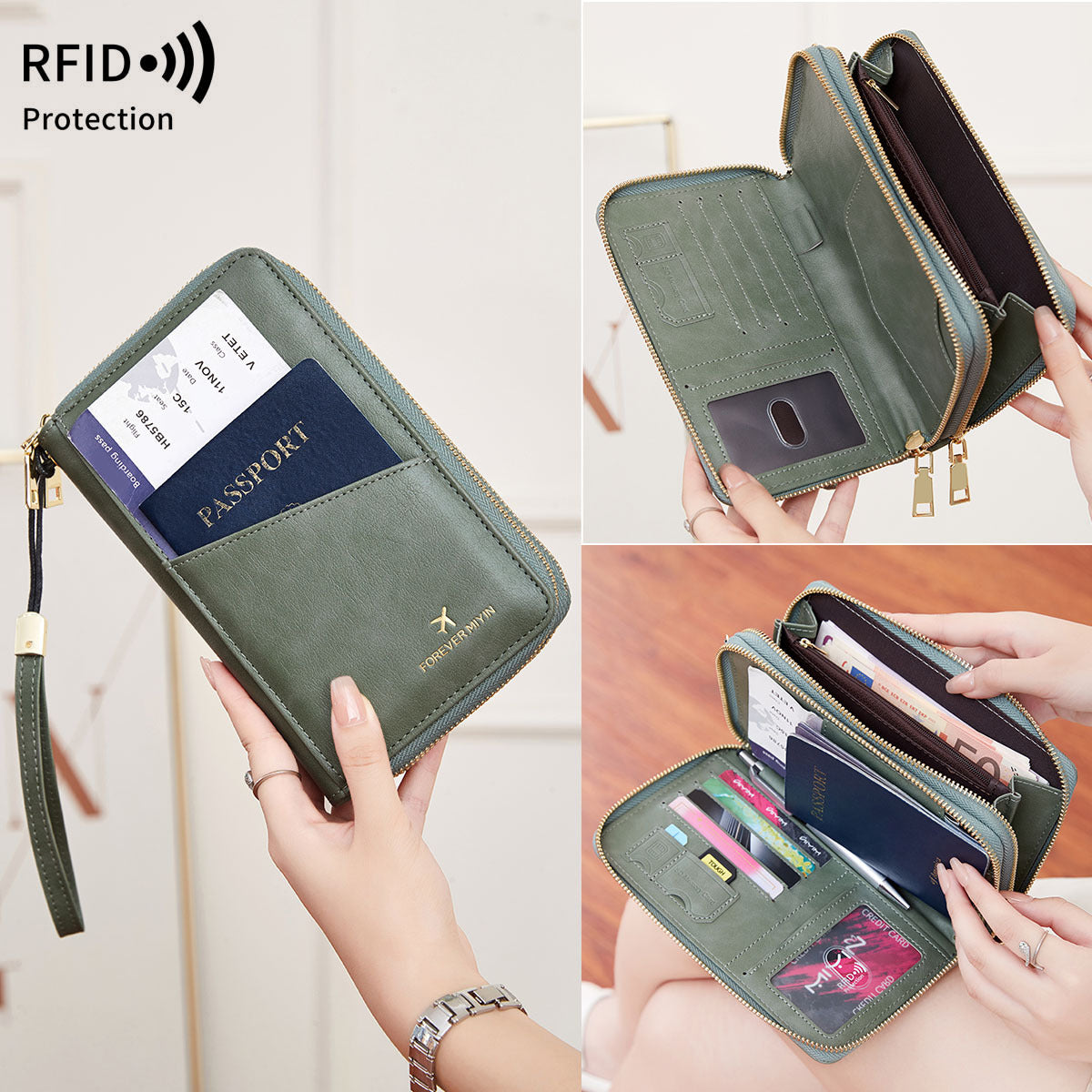 High Quality Multi Functional Double Zipper Passport Bag