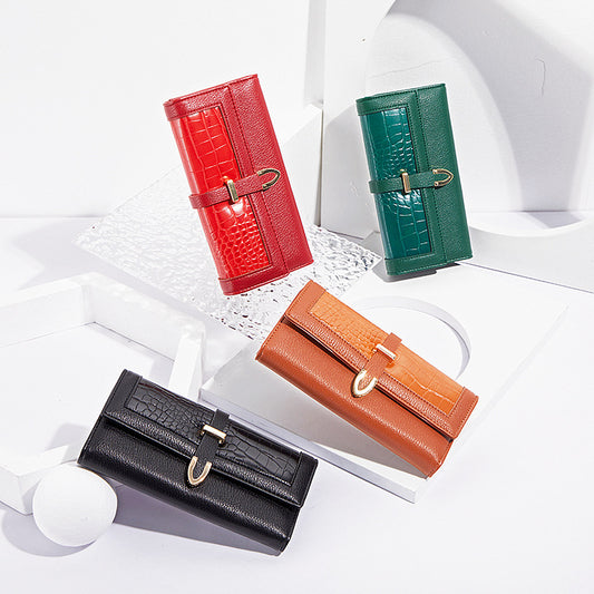 Long Size Tri-Fold Buckle Crocodile Texture Women's Wallet