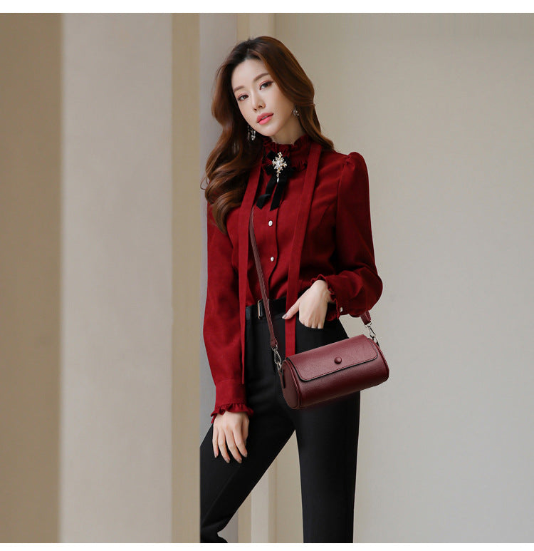 Versatile Solid Color Cylinder Shape Women's Shoulder bag