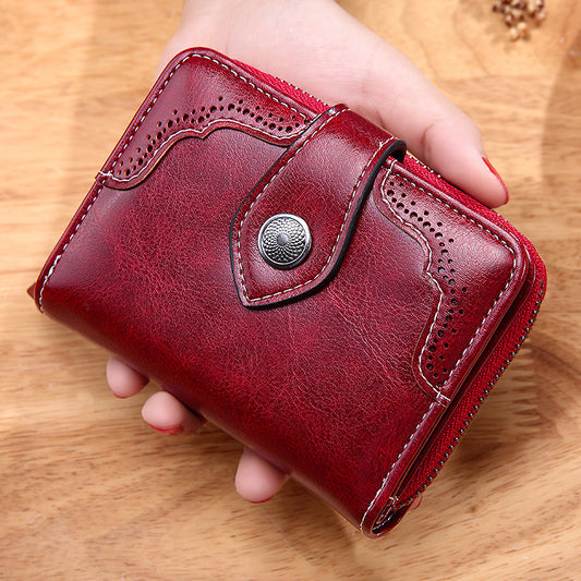 Vintage Oil Wax Leather Small Size Zipper Wallet For Women