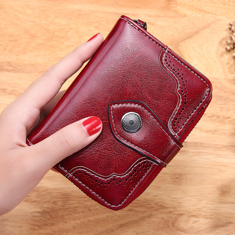 Vintage Oil Wax Leather Small Size Zipper Wallet For Women