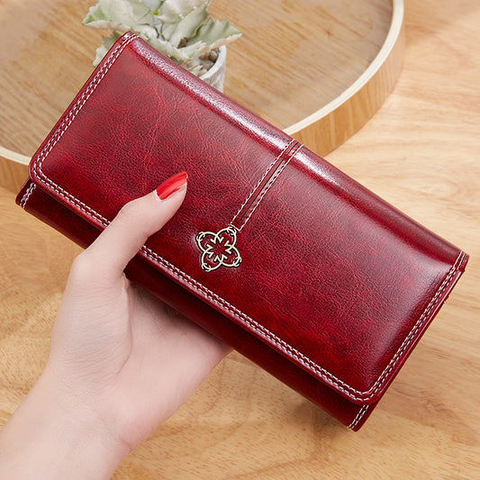Vintage Oil Wax Leather Long Size Wallet For Women