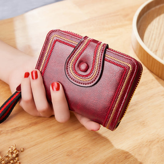Vintage Oil Wax Leather Multi Functional Mini Zipper Women's Wallet