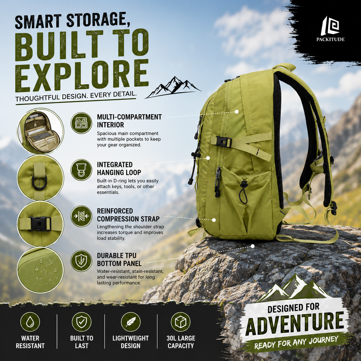 30L Lightweight Hiking Backpack | Large Capacity Outdoor Travel & Trekking Bag