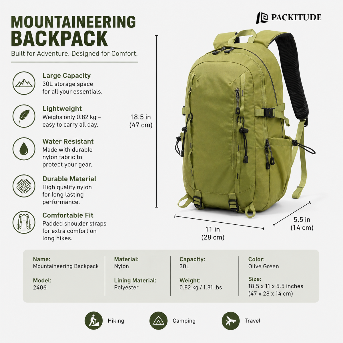 30L Lightweight Hiking Backpack | Large Capacity Outdoor Travel & Trekking Bag