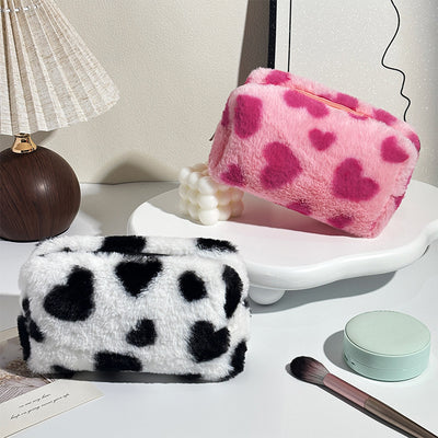 Fluffy Heart Print Makeup Bag  Soft Plush Cosmetic & Travel Storage Pouch
