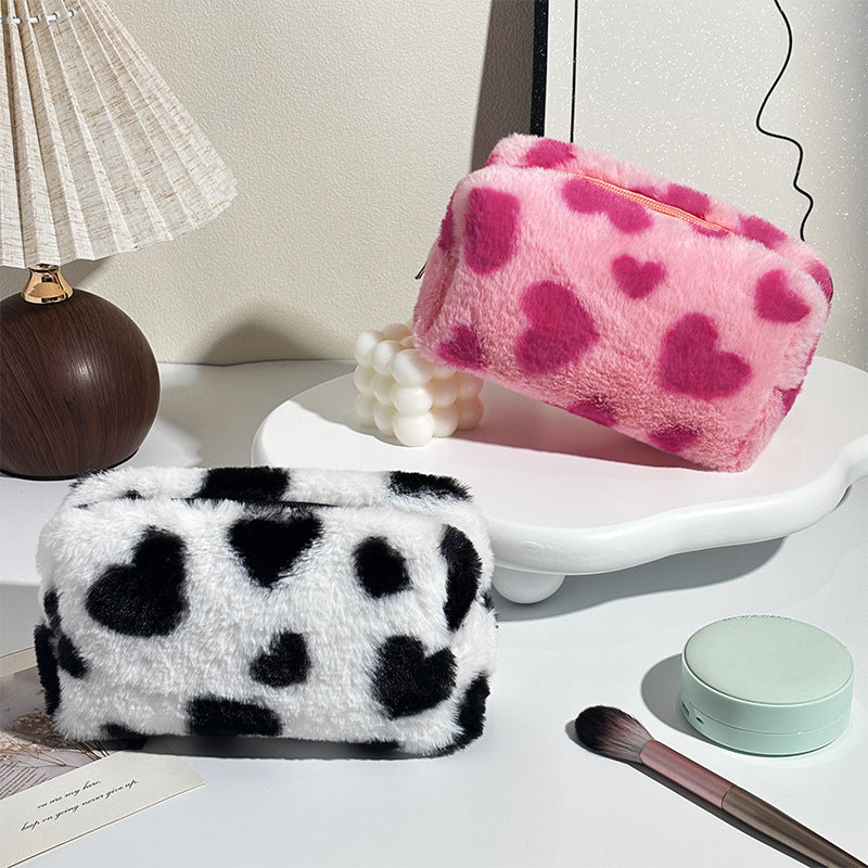 Fluffy Heart Print Makeup Bag  Soft Plush Cosmetic & Travel Storage Pouch