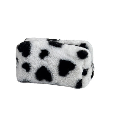 Fluffy Heart Print Makeup Bag  Soft Plush Cosmetic & Travel Storage Pouch