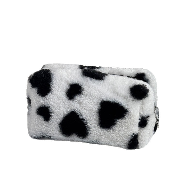 Fluffy Heart Print Makeup Bag  Soft Plush Cosmetic & Travel Storage Pouch