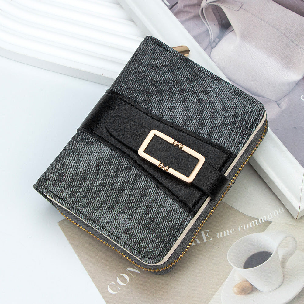 Korean Style Buckle Short Wallet | PU Leather Zipper Card Holder Purse