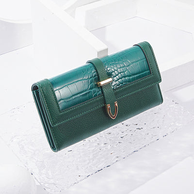 Long Size Tri-Fold Buckle Crocodile Texture Women's Wallet