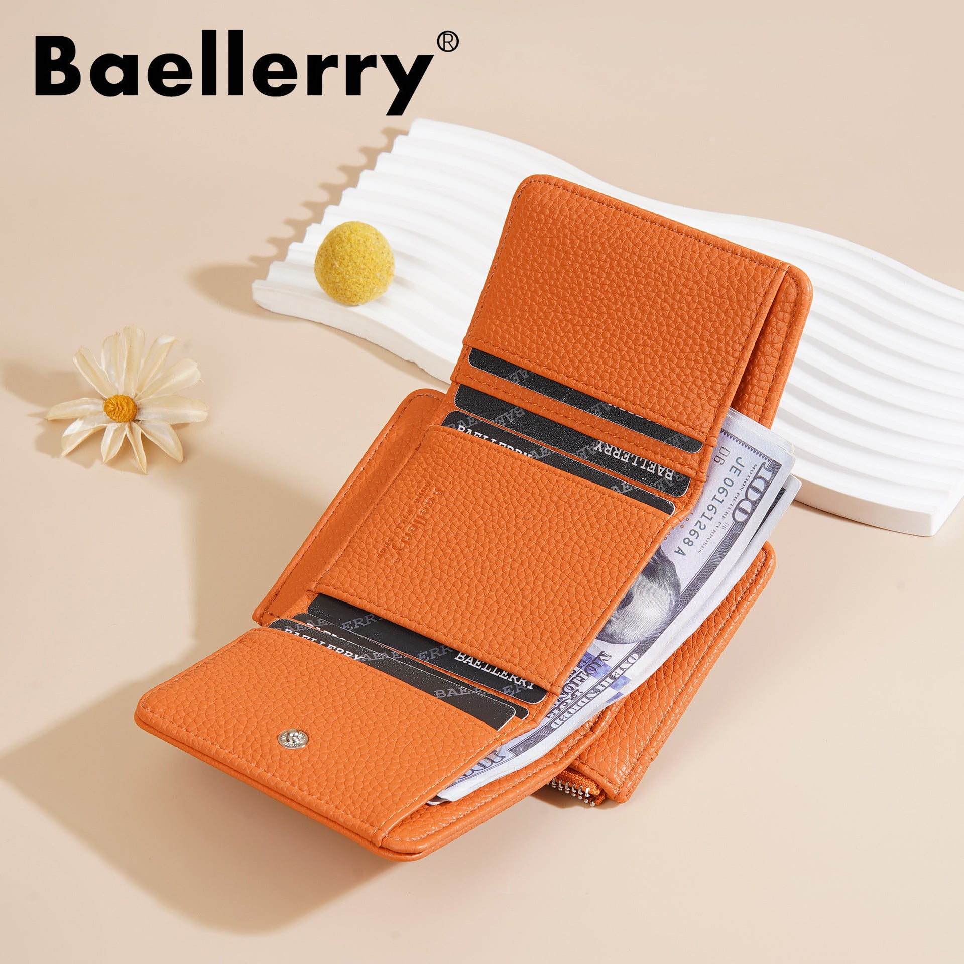 Trendy Orange Color Tri Fold Purse for Women