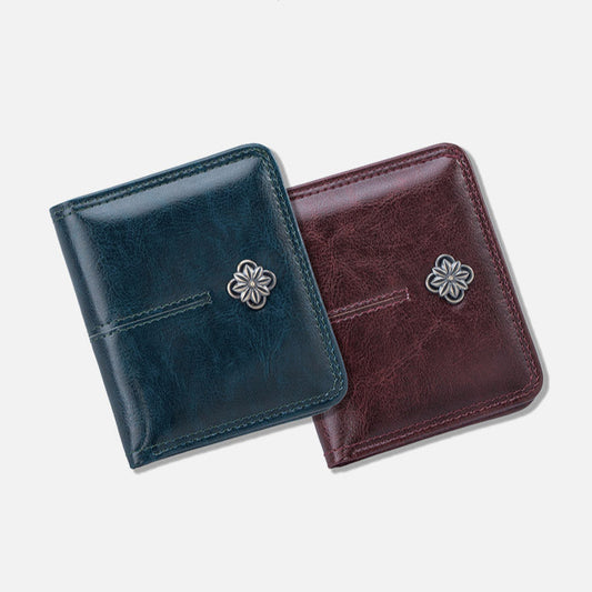High Quality Oil Wax Leather Solid Color Multi Functional Women's Wallet