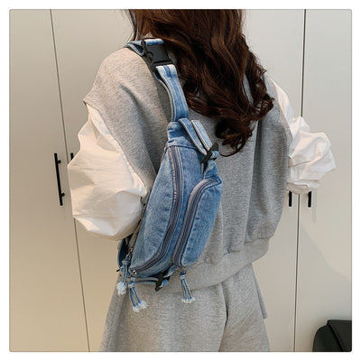 Washed Denim Crossbody Bag Large Capacity Shoulder Bag