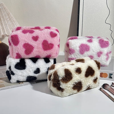 Fluffy Heart Print Makeup Bag  Soft Plush Cosmetic & Travel Storage Pouch
