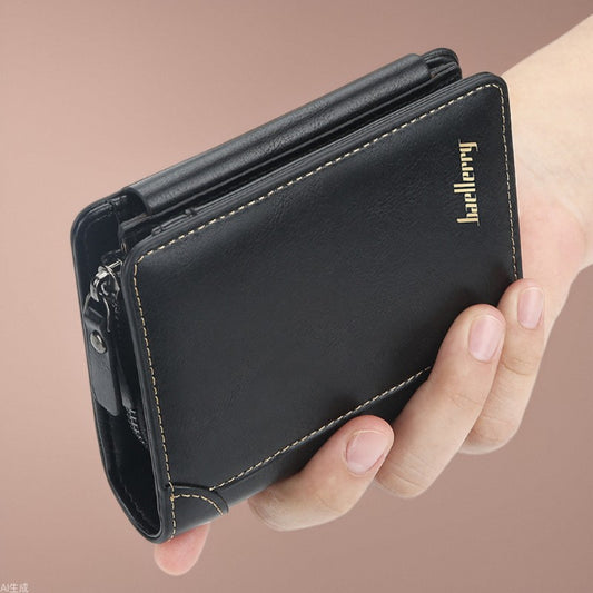 Tri Fold Zipper Men's Wallet with Coin Chamber