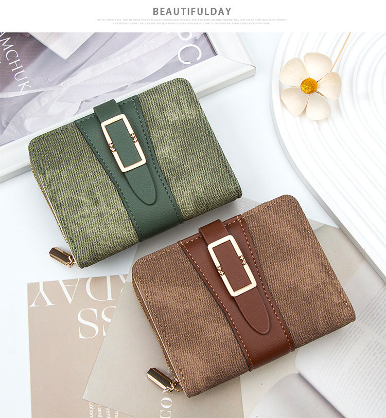 Korean Style Buckle Short Wallet | PU Leather Zipper Card Holder Purse